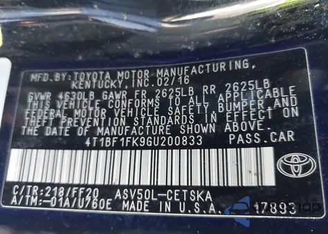 2016 Toyota Camry Le/Xle/Se/Xse from USA, damaged, VIN 4T1BF1FK9GU200833